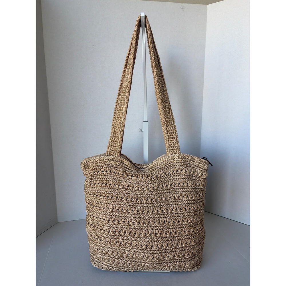 The Sak Crochet Tote Bag Tan Metallic Neutral Woven Shoulder Bag Zip Top Pocket